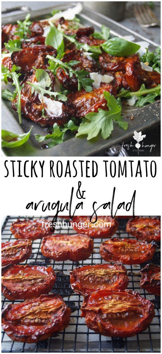 sticky roasted tomato & arugula salad