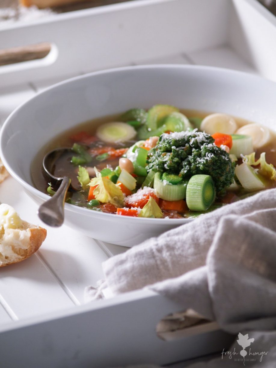 white bean & veggie soup with pesto